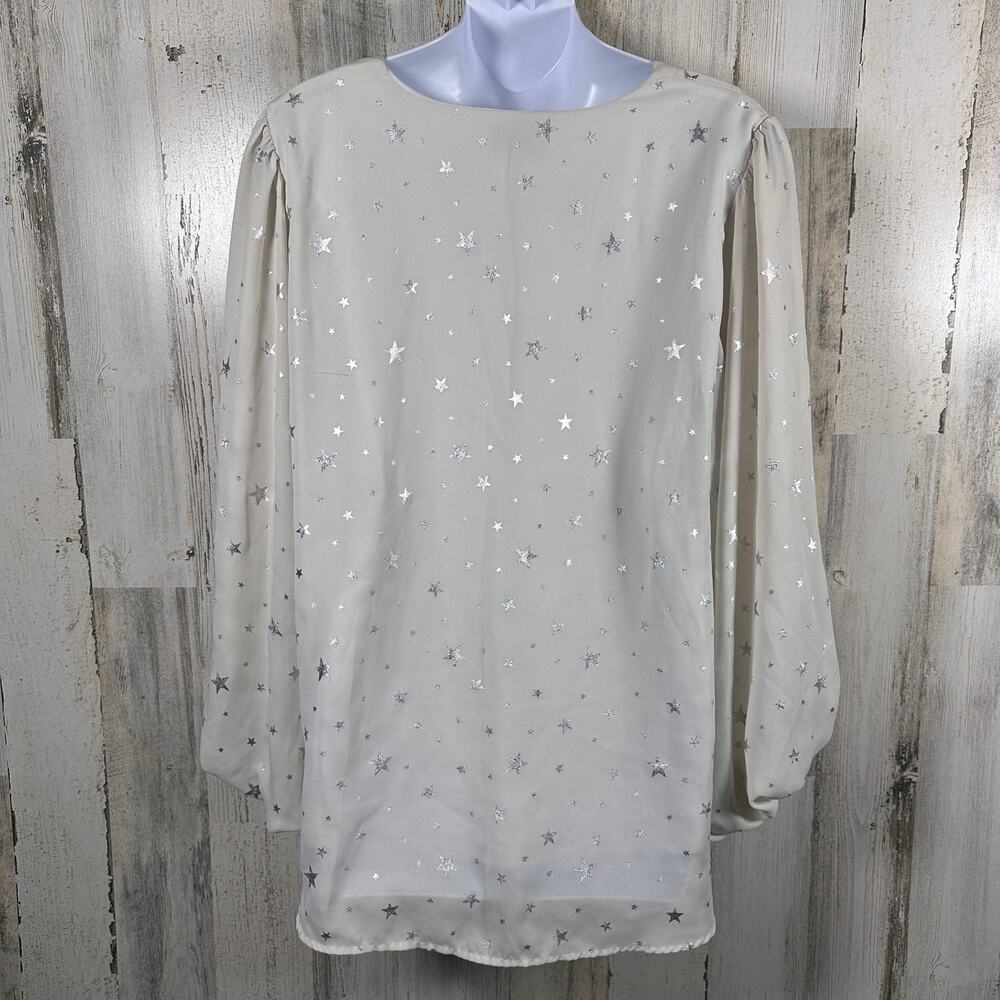 Adrienne Blouse L | White | Silver Stars | Balloon Sleeves | Lined | MSRP $78
